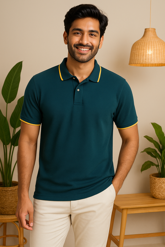Men’s Stylish Collar Polo – Teal with Yellow Highlights | 100% Cotton